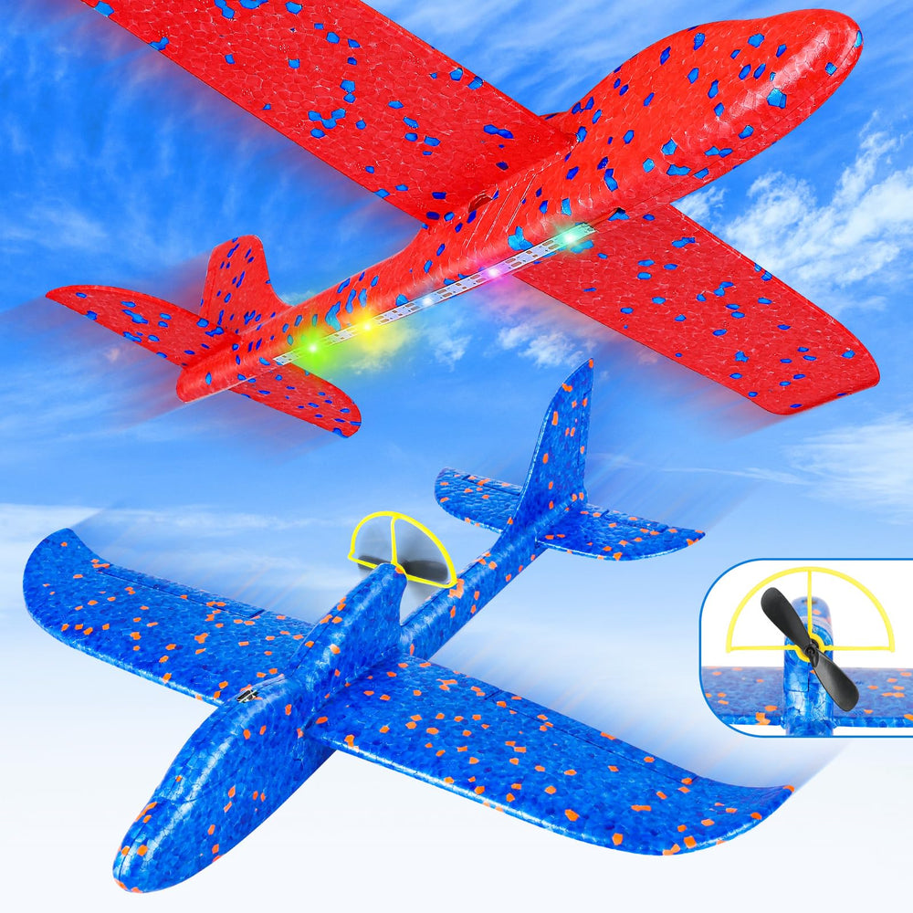 Fuwidvia electric foam airplane toy two-pack with LED lights and long flight options
