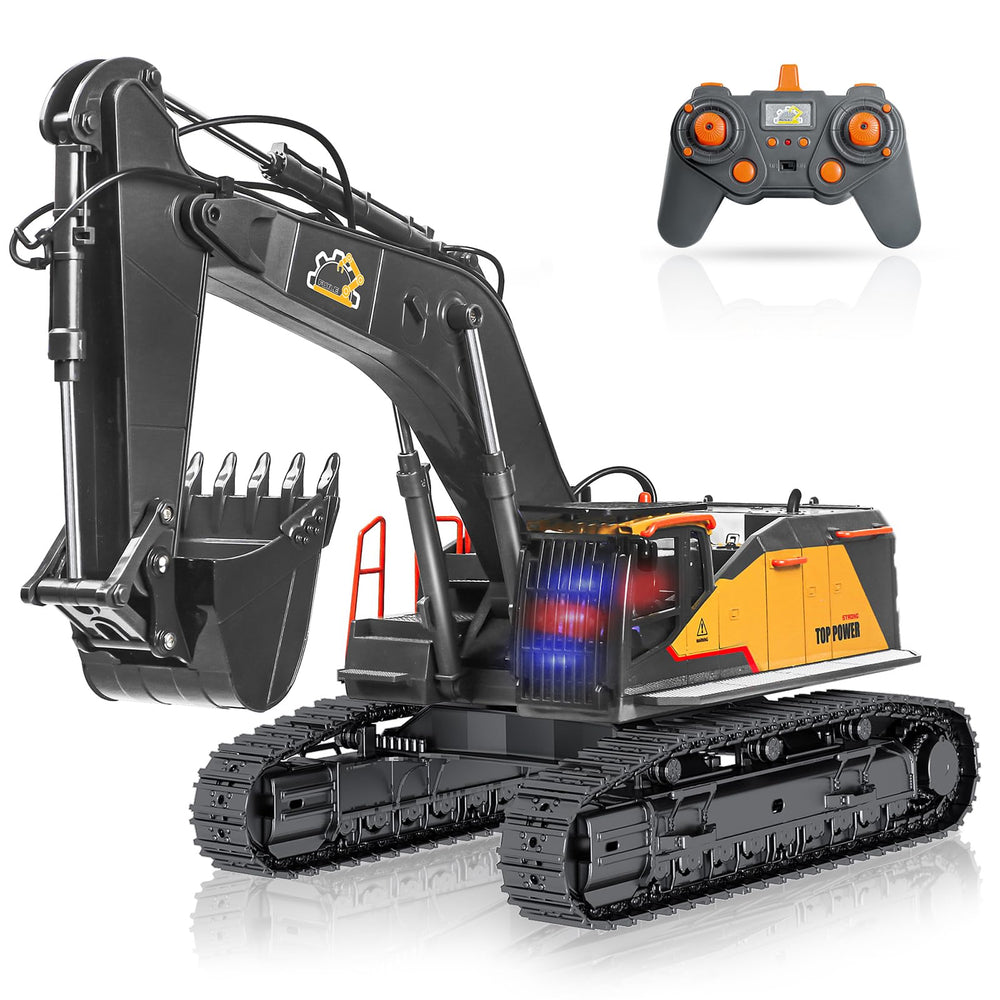 FUYLE 22-channel RC excavator arm digging action for realistic play indoors.