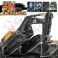 FUYLE 22-channel RC excavator rubber tracks grip varied surfaces indoors and outdoors.