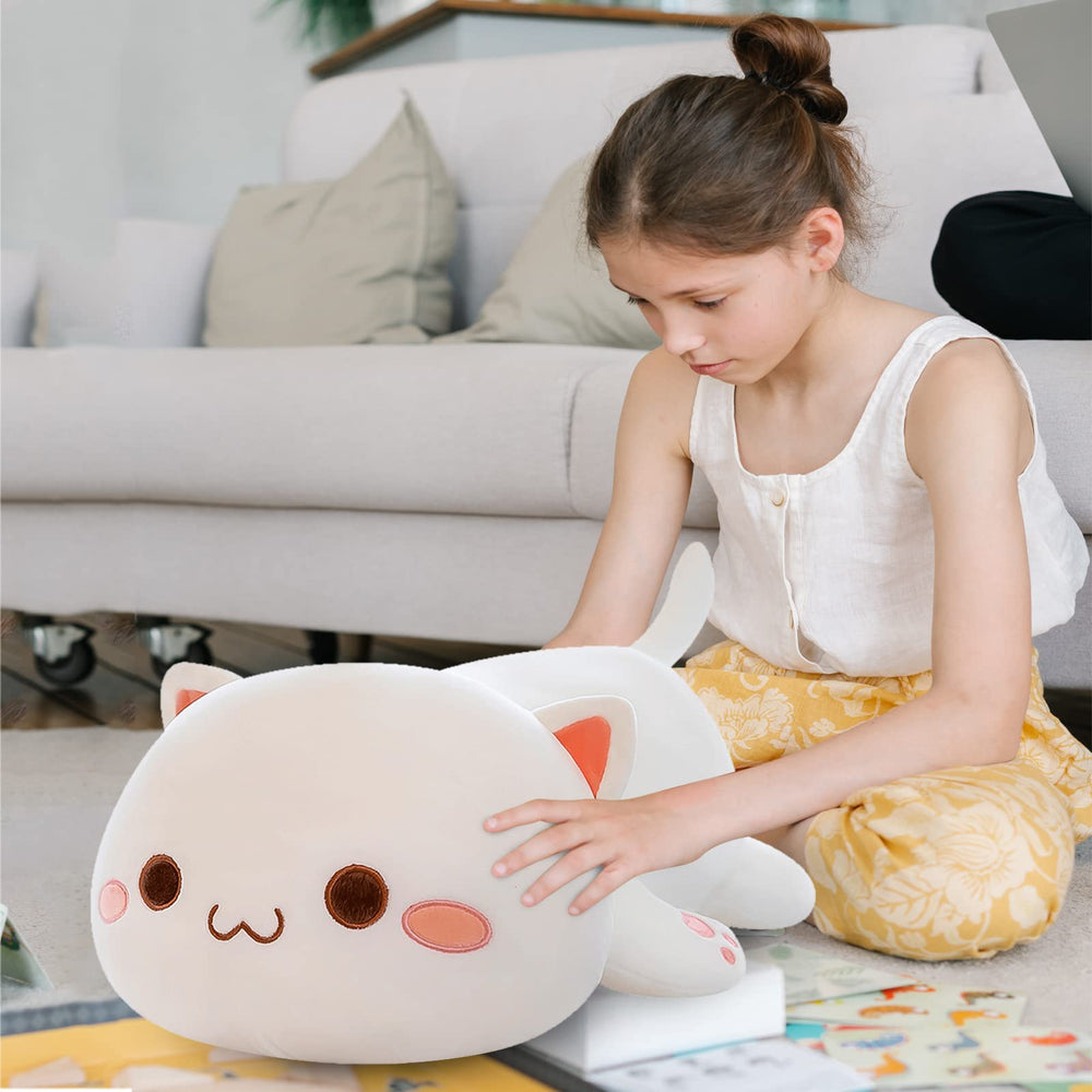 FUYU white cat plush pillow shipped vacuum-packed; fluff it for full plush look.