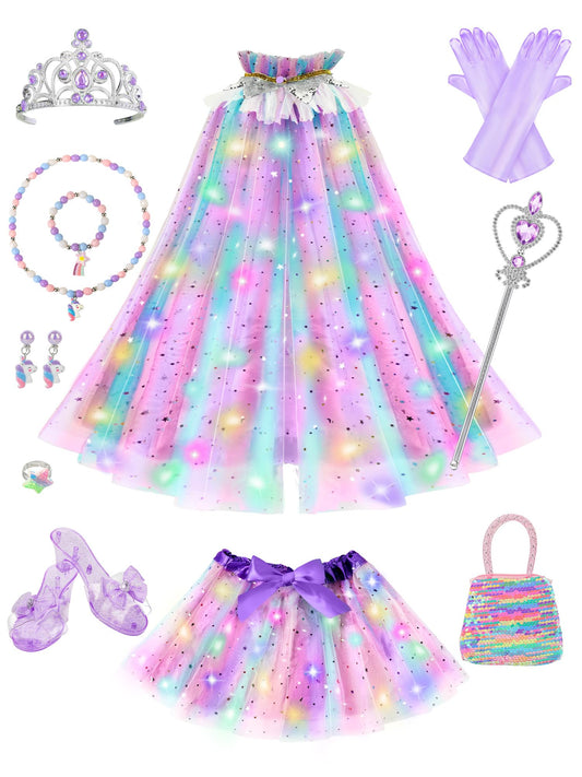 Fuzmo light-up princess cape in purple glows for magical night-time pretend play.