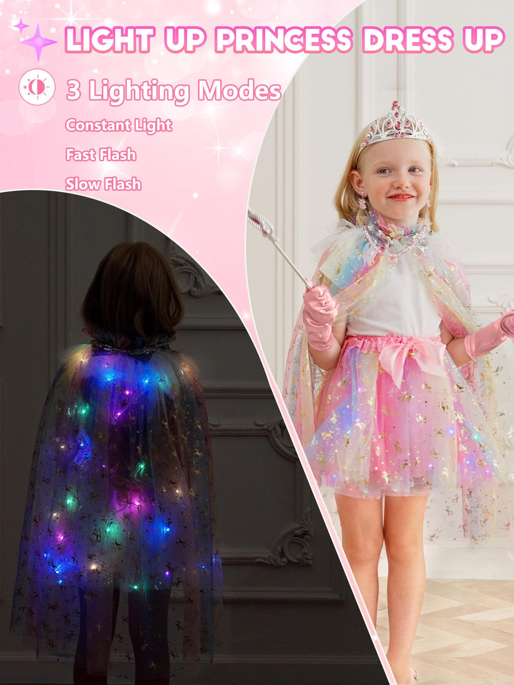 Fuzmo snap-on princess cape enhances quick and stylish dress-up moments.