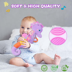 Fuzqq Seahorse musical toy hands view emphasizing multiple textures
