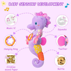 Fuzqq Seahorse musical toy neck view showing the rattle for auditory exploration