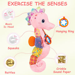 Fuzqq seahorse toy neck area emits gentle sounds to engage babies