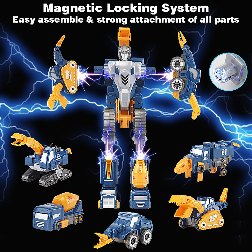 Fuzzy Pixie magnetic assembly close-up shows five vehicles joining to form a robot.