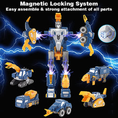 Fuzzy Pixie magnetic assembly close-up shows five vehicles joining to form a robot.