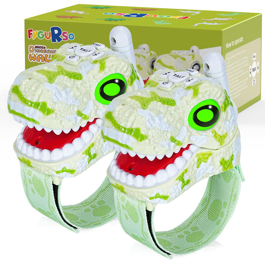 Fygurso walkie talkies for kids in green with dinosaur design for outdoor adventures.