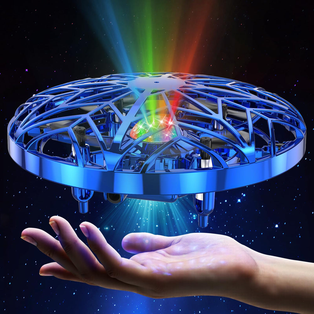 Fynhvi hand-operated drone glows in the dark with LED lights for dramatic nighttime play.