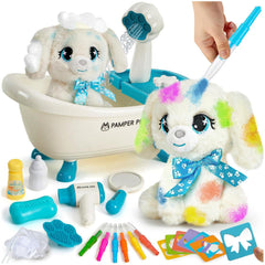 G.C Paint-Wash-Recolor dog plush toy in bath scene for pretend play and color exploration.