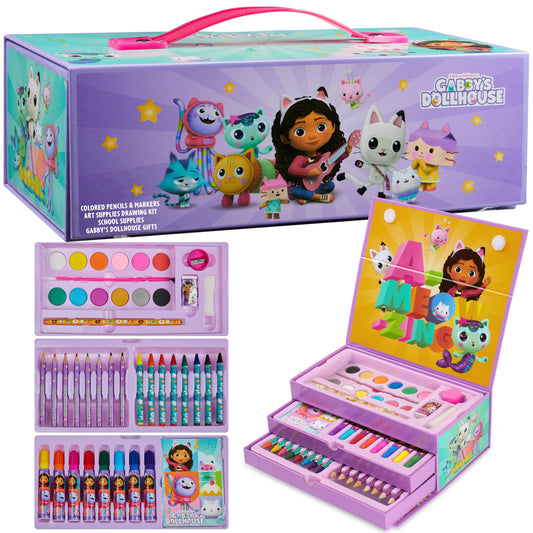 Gabby Dollhouse art set case with six coloring tools promotes creative play at home.