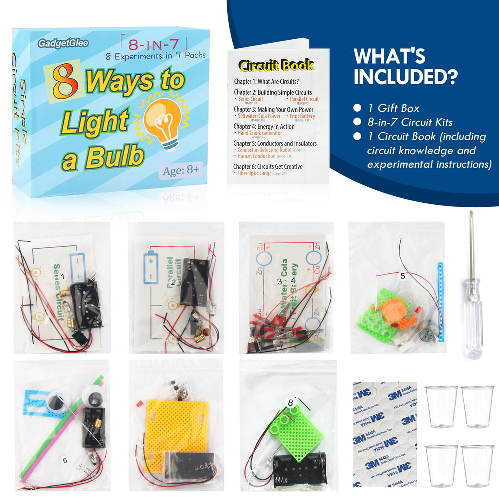 GadgetGlee eight ways to light a bulb diagram highlights versatile circuit ideas.
