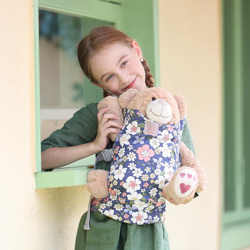 GAGAKU blue flowers doll carrier, back view, adjustable straps for growing kids