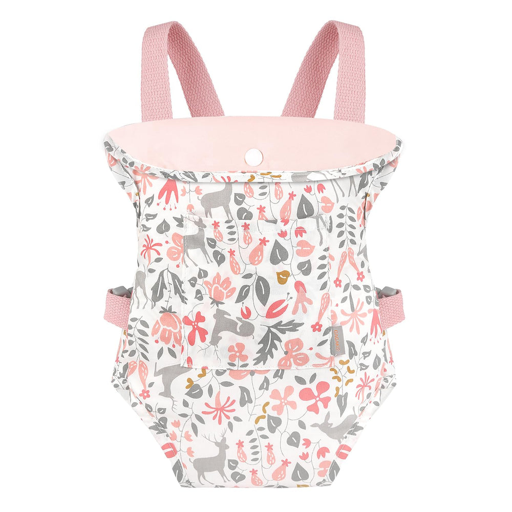 GAGAKU pink reindeer doll carrier, front-facing for easy bonding during playtime.