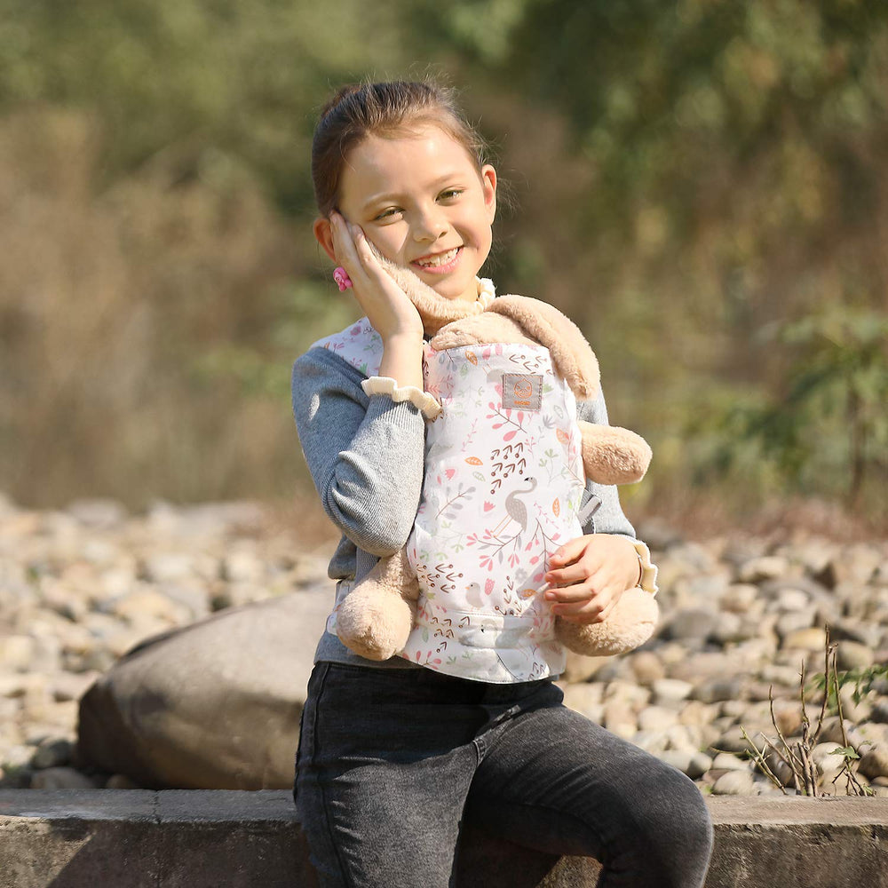 GAGAKU Baby Doll Carrier pink flamingo fits dolls under 63 cm for a snug fit.