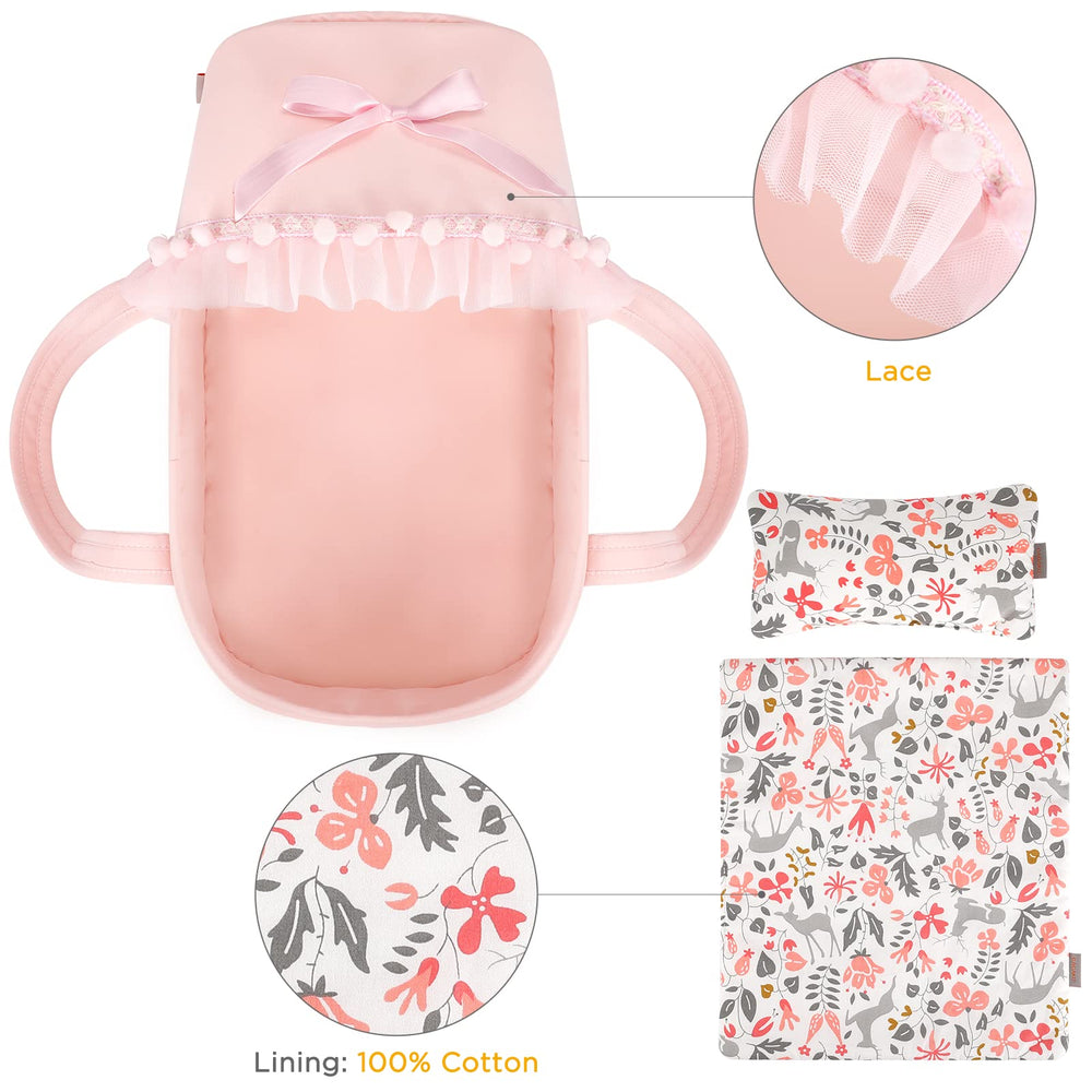GAGAKU carry cot with ruffle canopy in pink for portable doll care