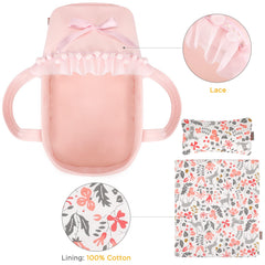 GAGAKU carry cot with ruffle canopy in pink for portable doll care