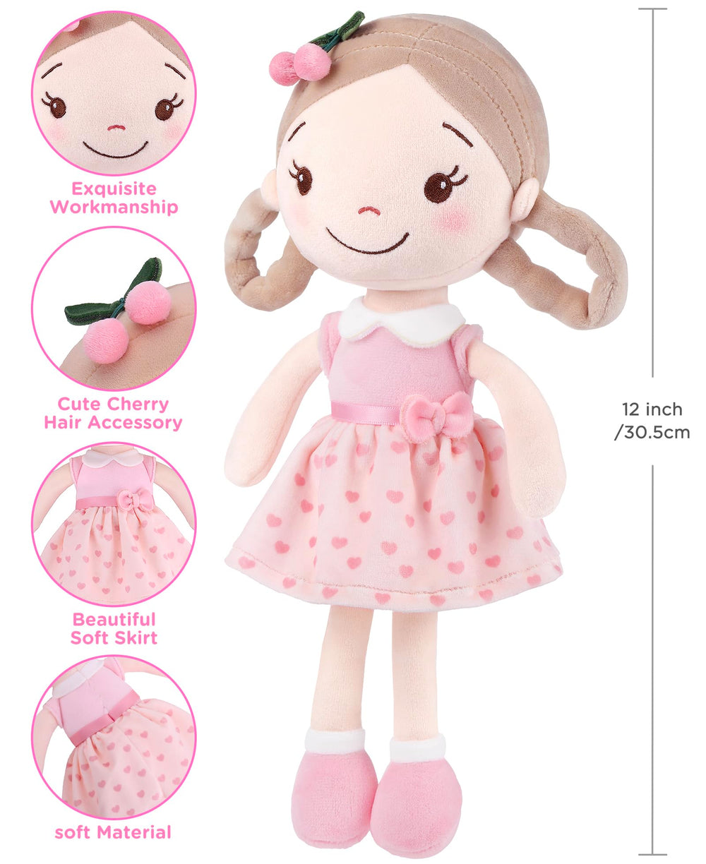 GAGAKU baby doll with cherry print fabric supporting everyday care.