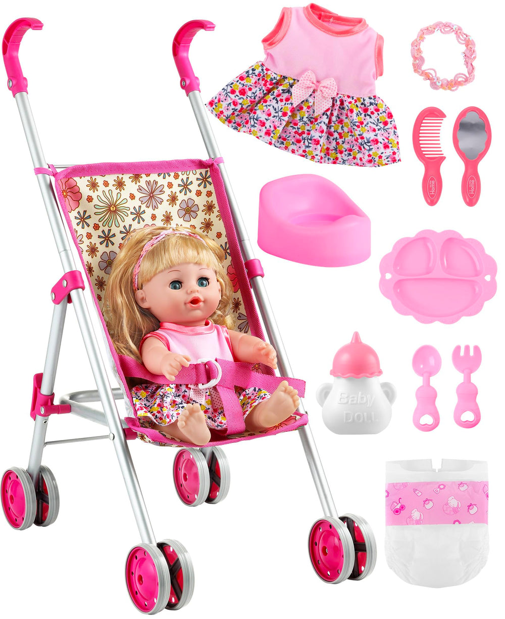 GAGAKU baby doll stroller in a daisy pattern for imaginative push-along play