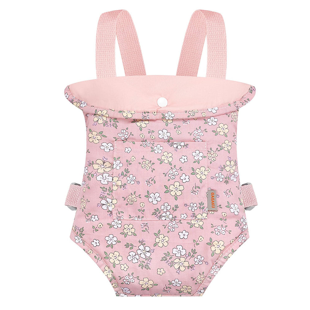 GAGAKU doll carrier in pink pear flowers, front view for cozy doll adventures.
