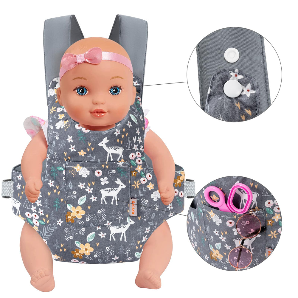 GAGAKU doll carrier with buckle design, close-up of easy-entry feature.