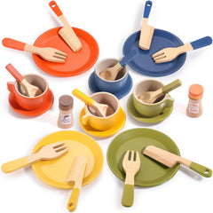 GAGAKU wooden play food plates and saucers invite imaginative meals and social play.