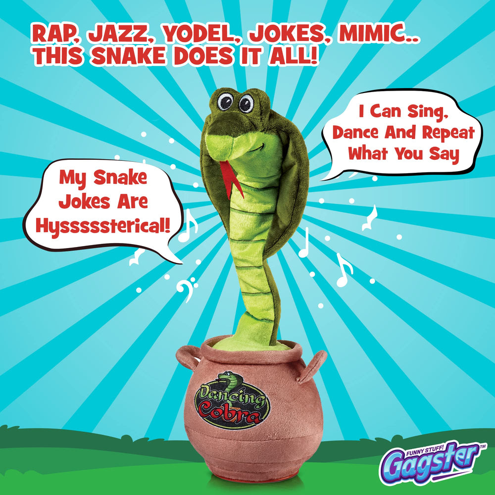 Gagster cobra toy tells jokes and sings for family gatherings.