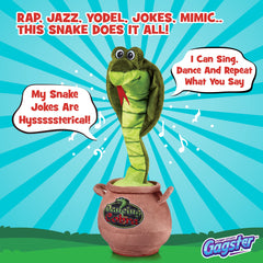 Gagster cobra toy tells jokes and sings for family gatherings.