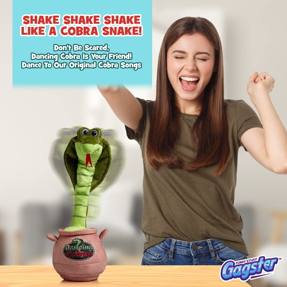 Gagster dancing cobra toy with surprise button sparks laughs at events.