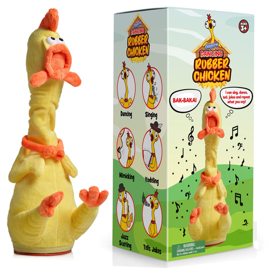Gagster rubber chicken dancing toy in action, delivering instant party laughs