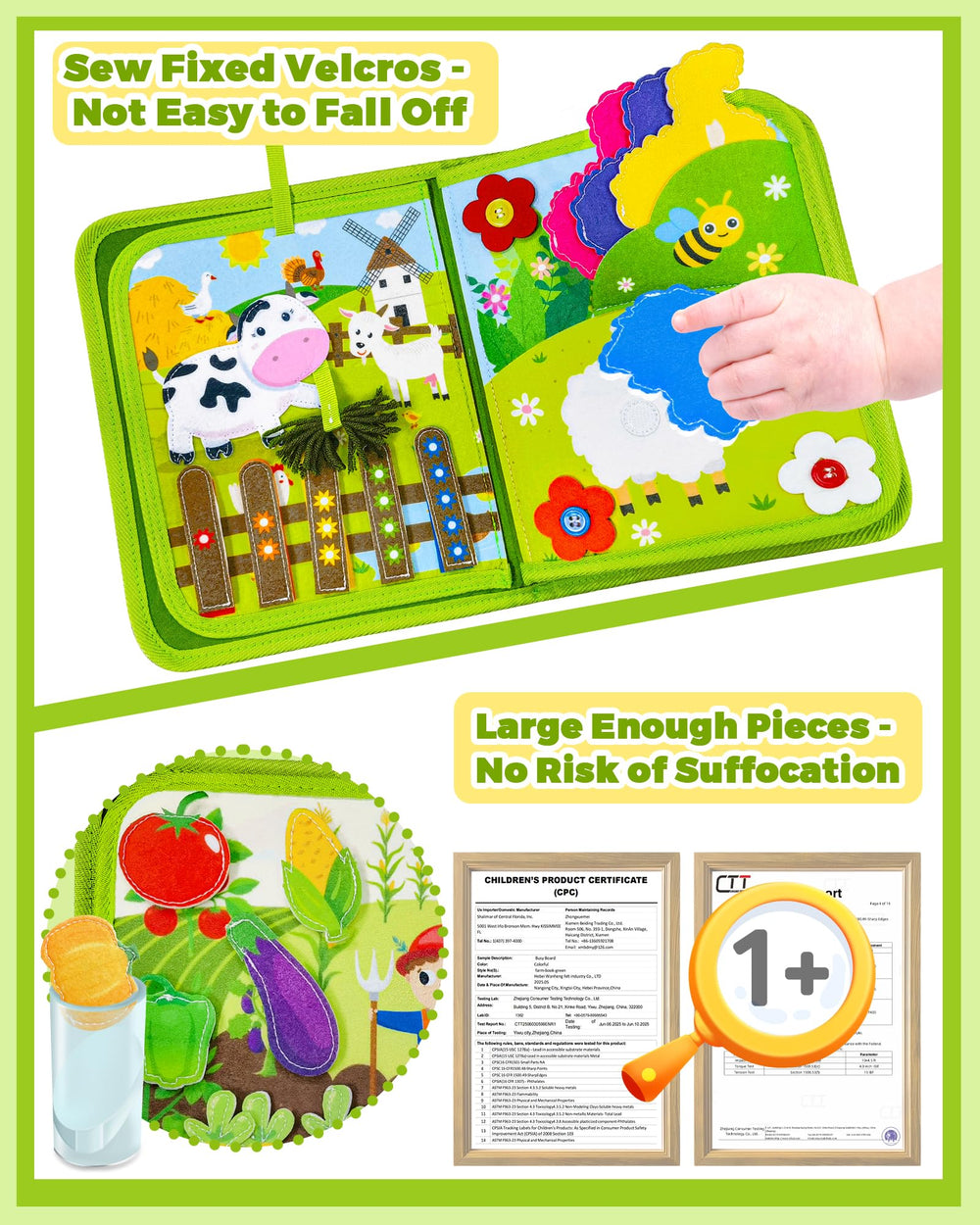 Gagule Busy Book Farm growing vegetables—colors and shapes support early learning.