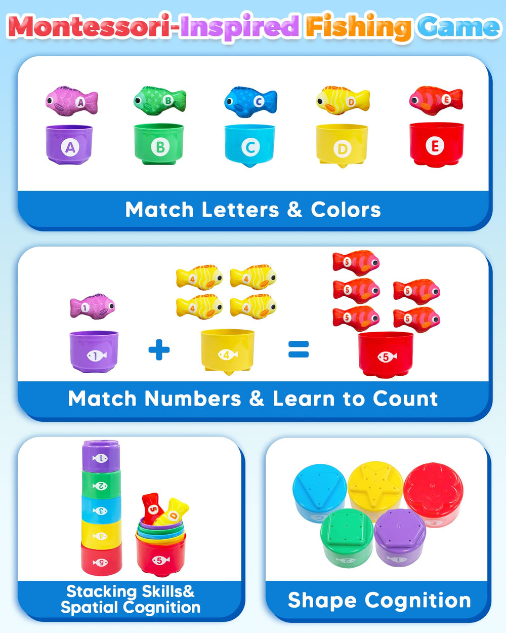 Bright color fish pieces from Gagule support sorting and early color recognition.