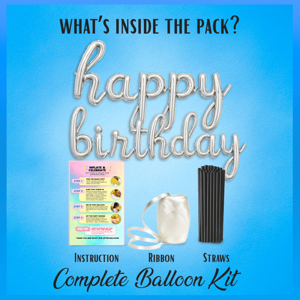 Gala Supplies birthday banner includes straw inflators and a hanging ribbon for easy setup.