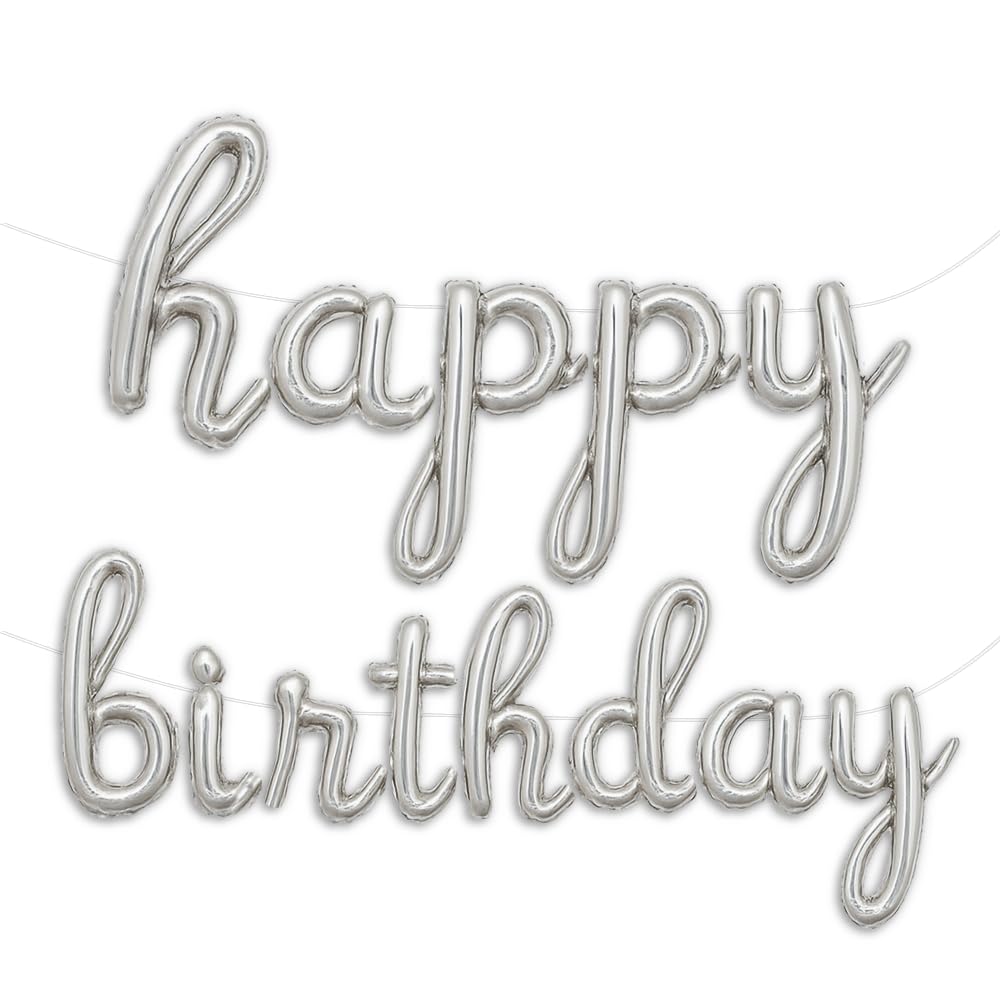 Gala Supplies silver happy birthday banner with script gold letters for an elegant celebration.