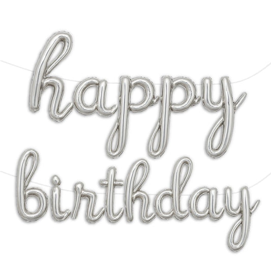 Gala Supplies silver happy birthday banner with script gold letters for an elegant celebration.