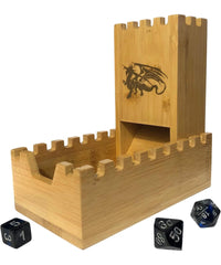 Galdor's Guild bamboo dice tower in foldable castle form for quick, tidy dice rolling.
