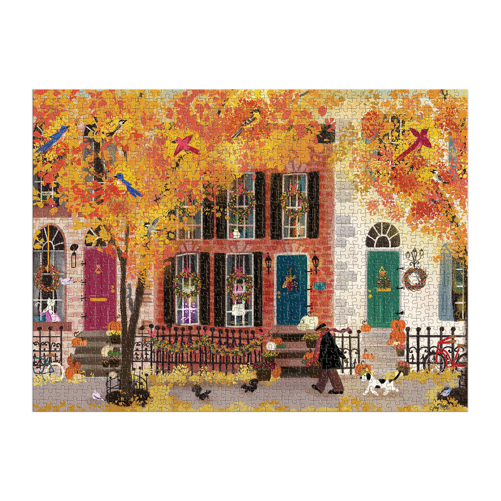 Galison Autumn in the Neighborhood puzzle pieces are thick and sturdy for long puzzling sessions.