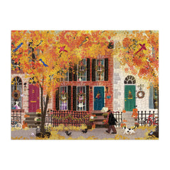 Galison Autumn in the Neighborhood puzzle pieces are thick and sturdy for long puzzling sessions.