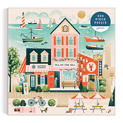 Galison Beside The Sea puzzle artwork features vibrant seaside scene for engaging family activity.