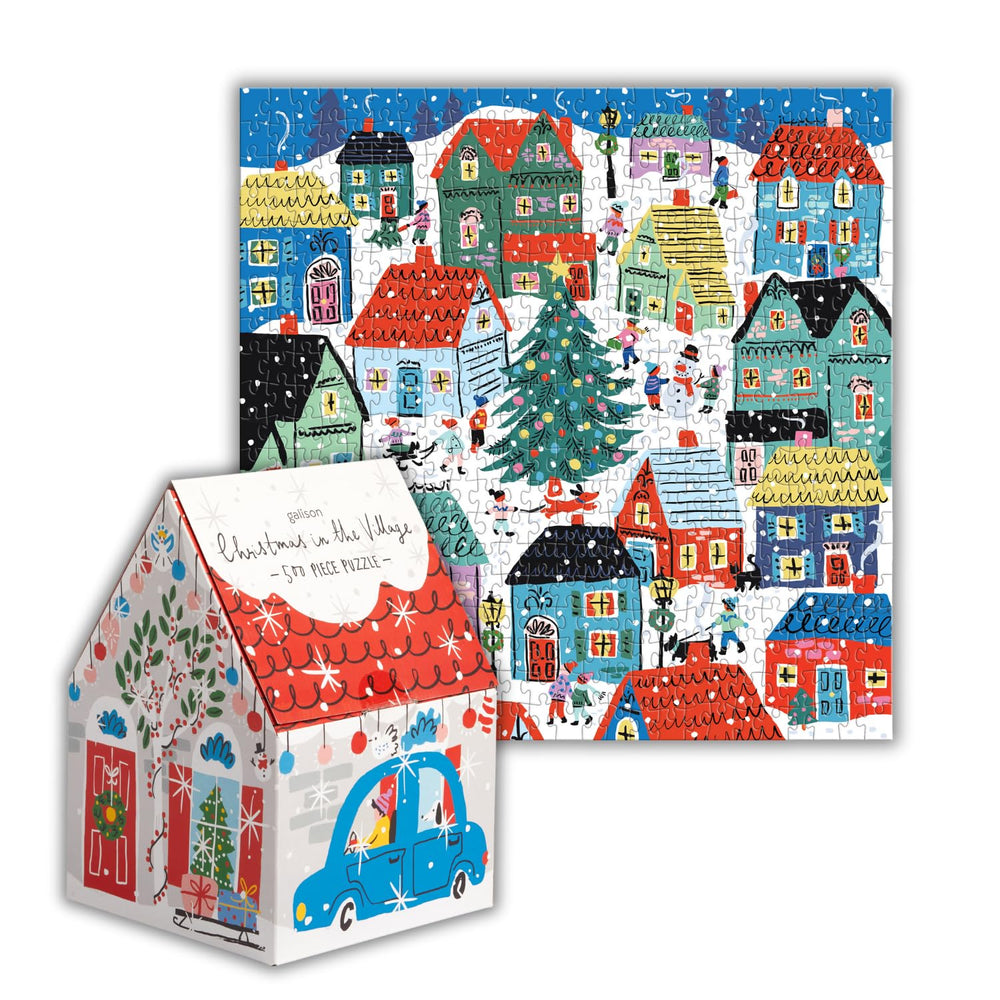 Galison Christmas in The Village house-shaped box ready for gifting.