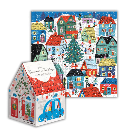 Galison Christmas in The Village house-shaped box ready for gifting.