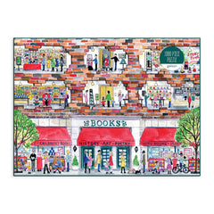 Close-up of puzzle tray pieces from Galison Michael Storrings bookstore puzzle