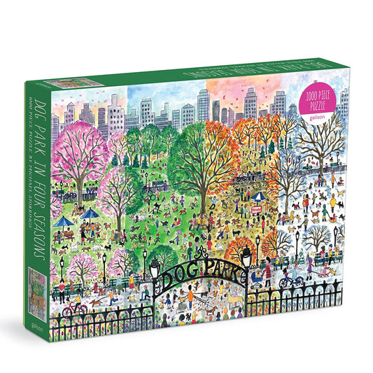 Galison Michael Storrings Dog Park four-seasons puzzle—vivid scene for mindful relaxation.