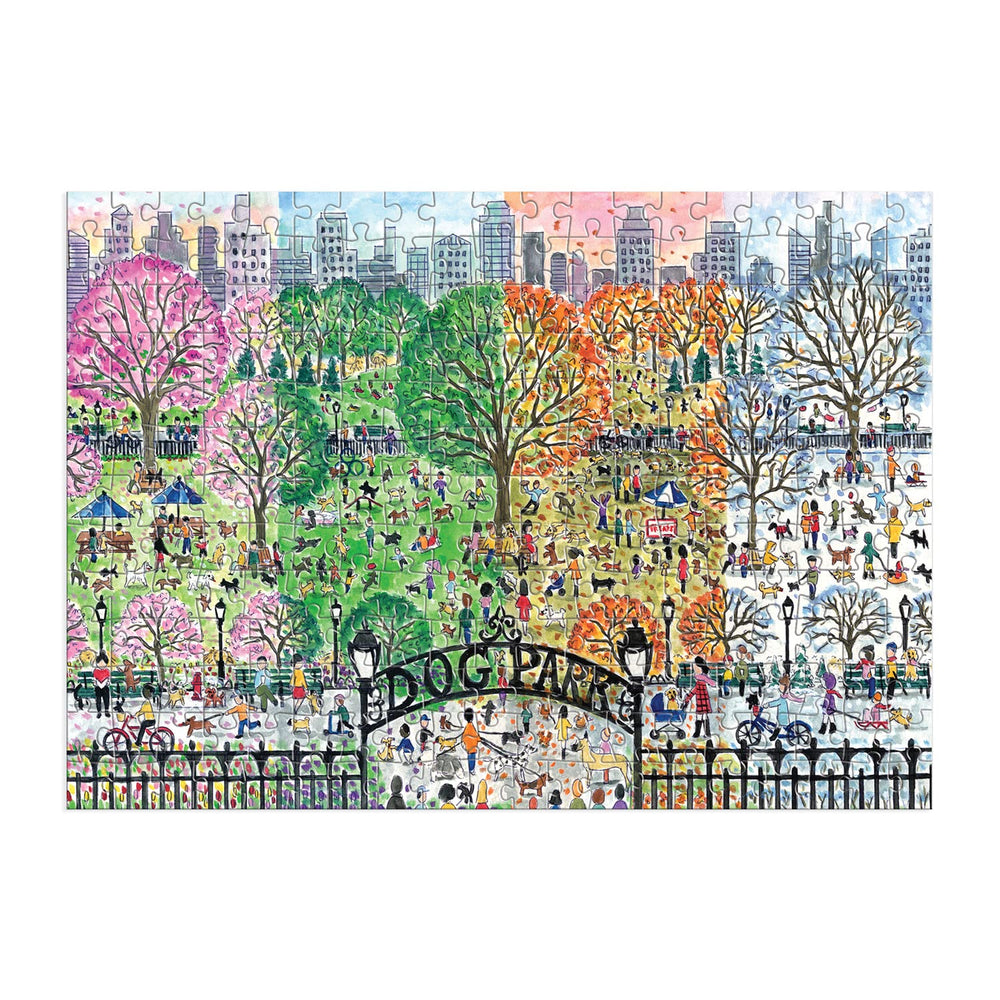 Detailed Michael Storrings dog park illustration on Galison puzzle for focused time.