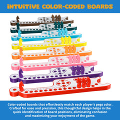 GAMES BY 3D Pegs and Jokers color-coded boards simplify learning and quick setup.