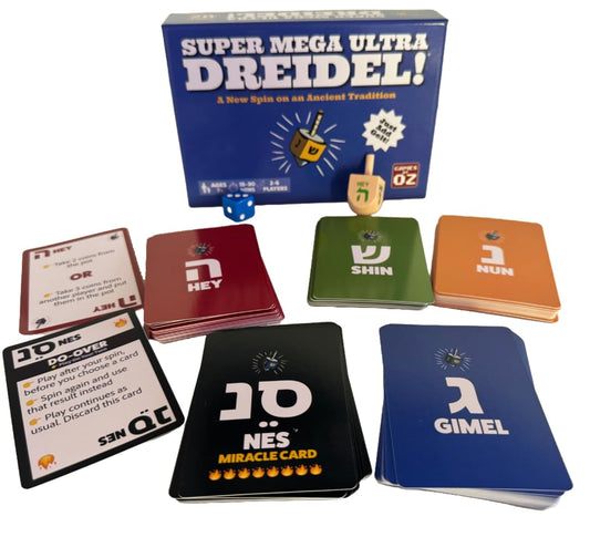 Games by Oz Super Mega Ultra Dreidel box set shown for family holiday fun