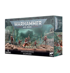 Games Workshop Adeptus Mechanicus Sicarian box art miniatures for hobby painting and tabletop battles.