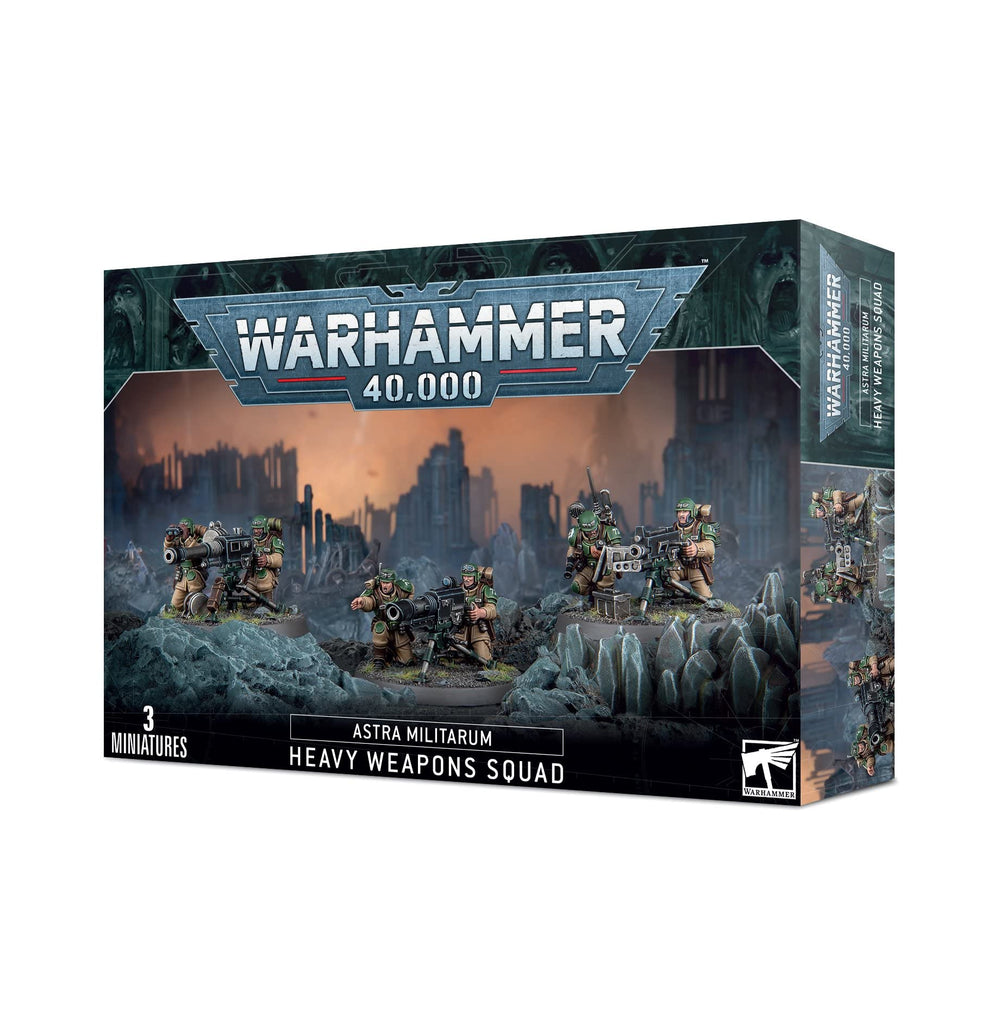 Games Workshop Cadian Heavy Weapons Squad posed in a dynamic battlefield pose for tabletop play.