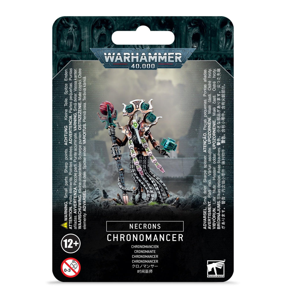 Games Workshop Necron Chronomancer kit showing aeonstave and entropic lance options.