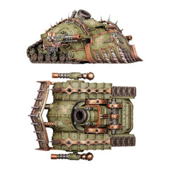 Plagueburst Crawler dozer blade close-up emphasizes rugged front armor and decorative Nurgle symbol